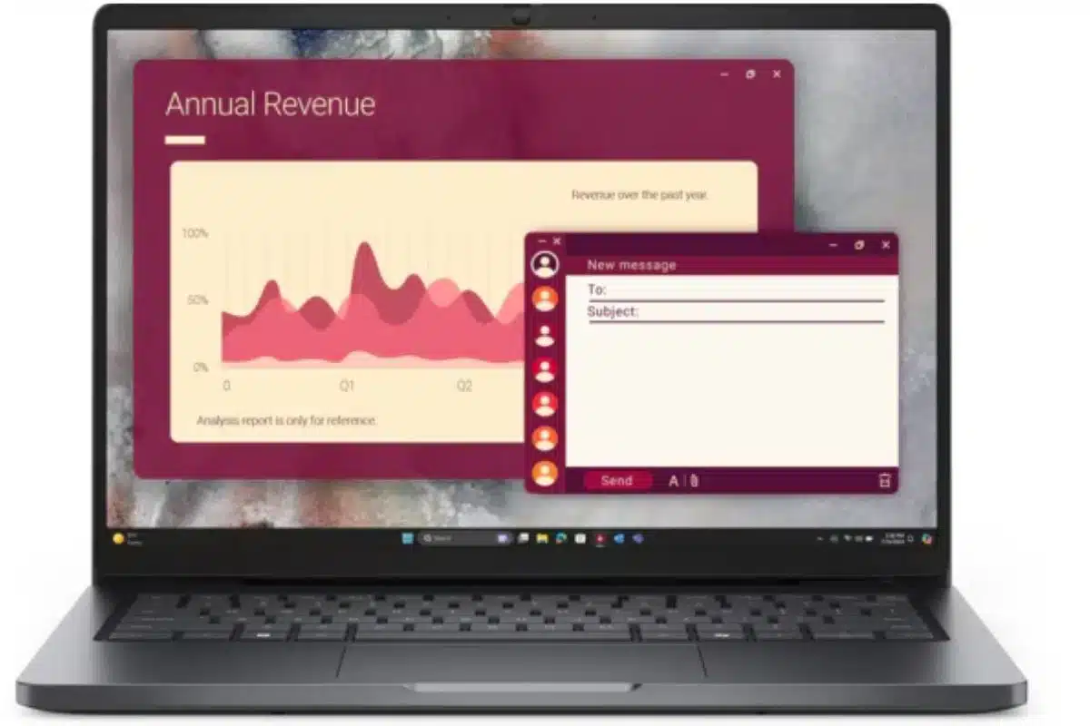 Dell Pro 14 aberto, visto de frente, com acabamento escuro e tela exibindo gráficos de desempenho e uma janela de mensagem.