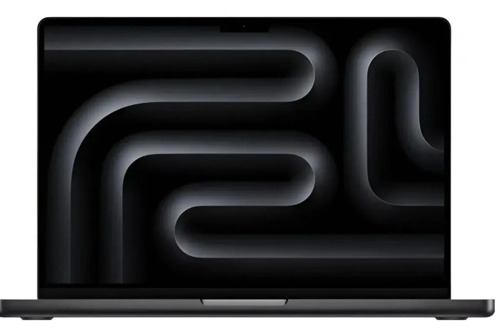 MacBook Pro 14 aberto, visto de frente, com tela exibindo um padrão abstrato em tons de preto e cinza.