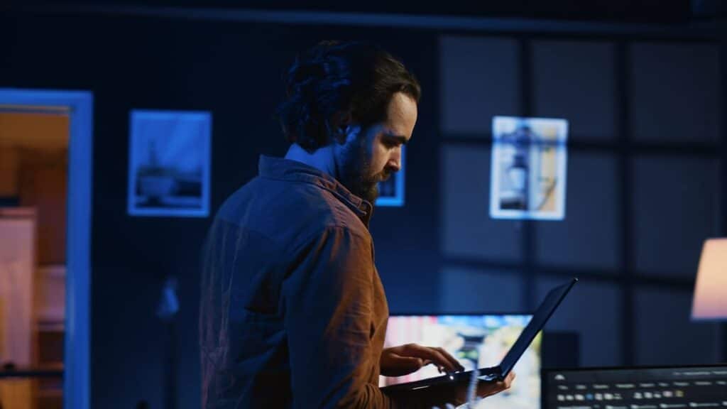 Homem analisa projetos na tela de notebook potente, um dos melhores notebooks para engenheiros.