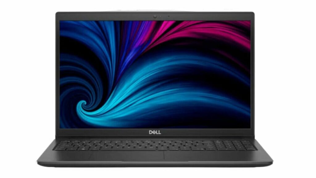 Notebook Dell Latitude 3520 aberto de frente, com fundo branco e tela colorida ligada.
