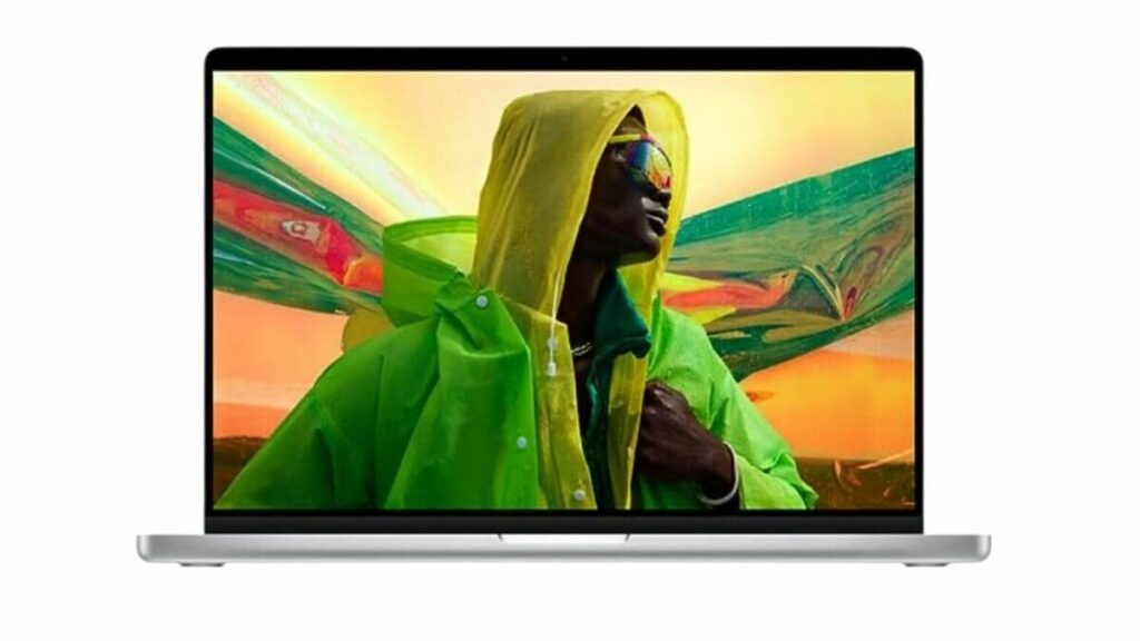 MacBook Pro 16 aberto com tela colorida brilhante exibida de frente em fundo branco.