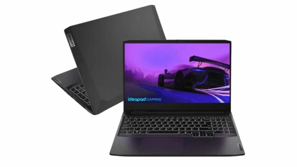 Notebook Lenovo IdeaPad Gaming 3i exibido de frente e de costas em um fundo branco.