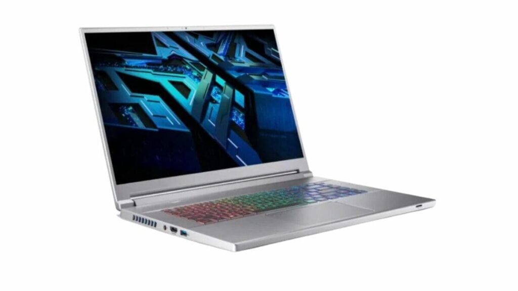 Notebook Acer Predator Triton 300 prateado aberto de lado, mostrando teclado retroiluminado.