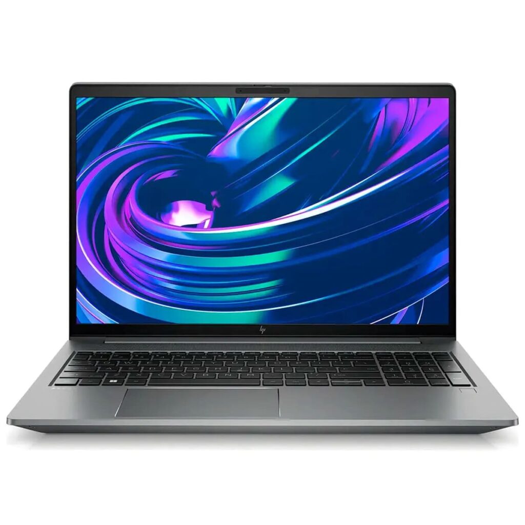 Notebook HP ZBook Power G10 prateado aberto inclinado, com teclado colorido e fundo branco.