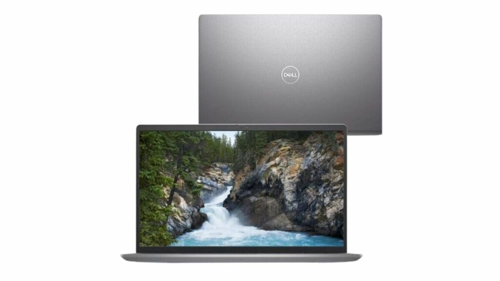 Notebook Dell Vostro 3520 exibido de frente e de costas com imagem de cachoeira na tela.