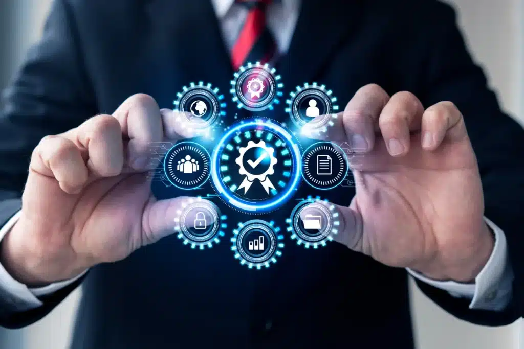 Pessoa interagindo com interface digital que representa governança, segurança e gestão de processos com COBIT 2019.
